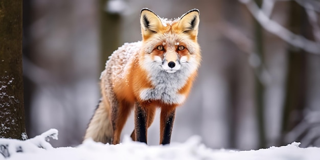 Renard sur la prairie forestière d'hiver avec de la neige blanche