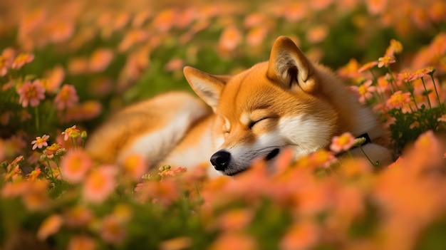 un renard qui dort dans un parterre de fleurs