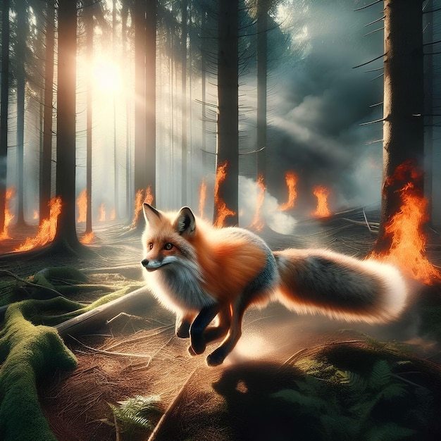 Photo le renard qui s'enfuit d'une forêt en feu 5