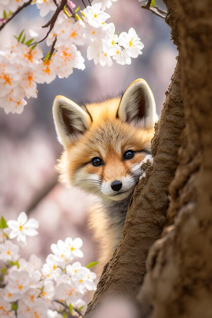 Un renard qui sort d'un arbre avec des fleurs dessus