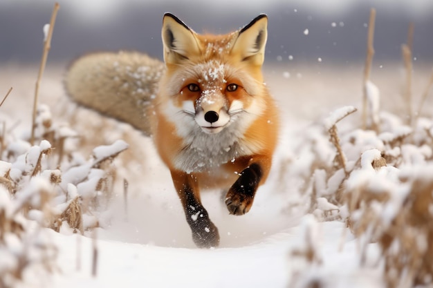 Un renard rouge à la chasse dans les champs enneigés un gros plan d'un renard rouge dans un champ enneigé avec des flocons de neige générés par Ai