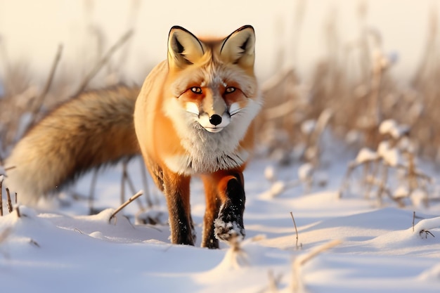 Un renard rouge à la chasse dans les champs enneigés Une photo captivante d'un renard rouge sautant gracieusement à travers un champ enneigé généré par Ai