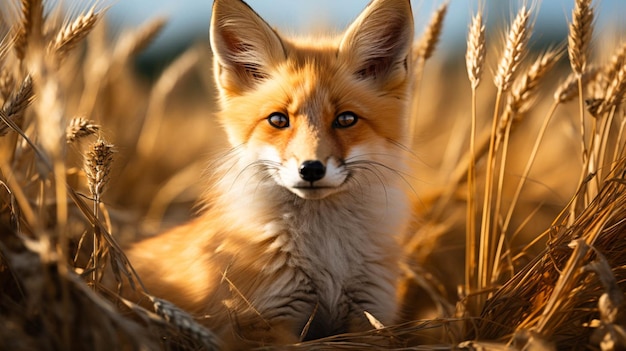 Un renard rouge dans un champ d'herbe haute à l'arrière-plan flou