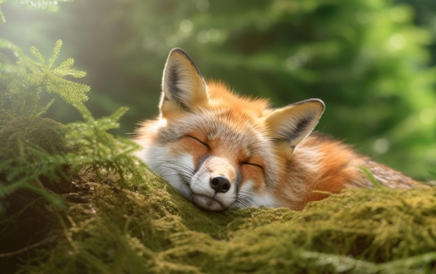 Le renard rouge dormant dans une forêt d'été AI générative