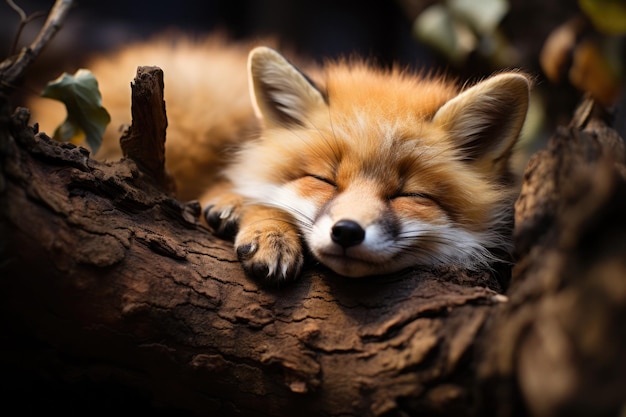Un renard rouge qui dort dans la forêt