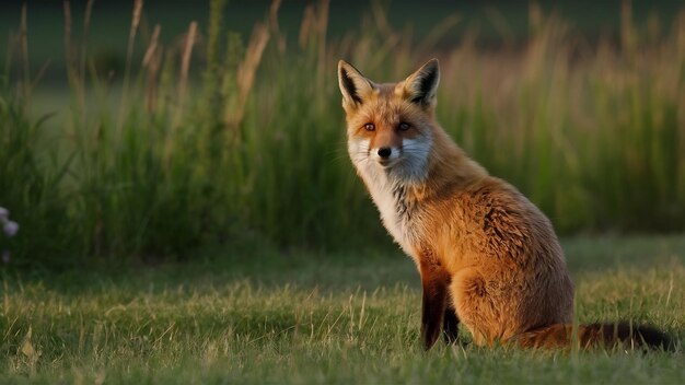 Un renard rouge regarde derrière lui au coucher du soleil en été.