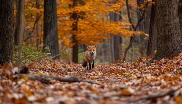 un renard rouge solitaire explorant une forêt dense d'automne