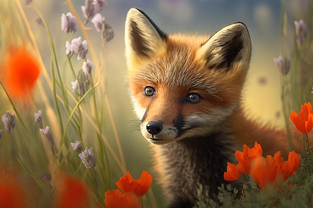 Renard roux dans un pré de fleurs IA générative