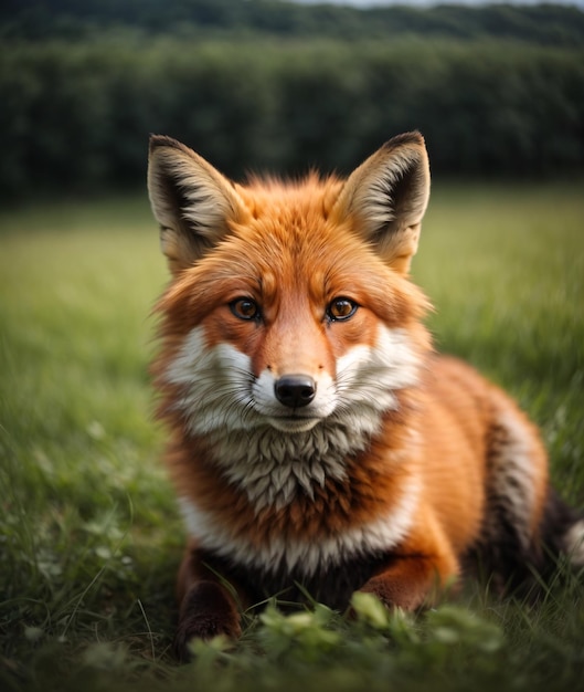 Renard roux errant seul dans la prairie