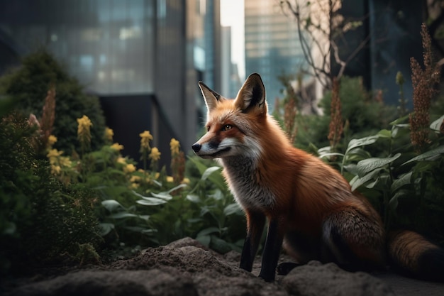 Un renard roux est assis dans un jardin devant un bâtiment.