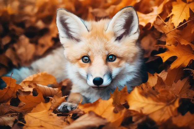 Le renard roux traverse les feuilles d'automne orange dans la forêt AI