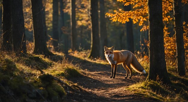 Un renard sauvage rôde à travers une forêt ensoleillée.