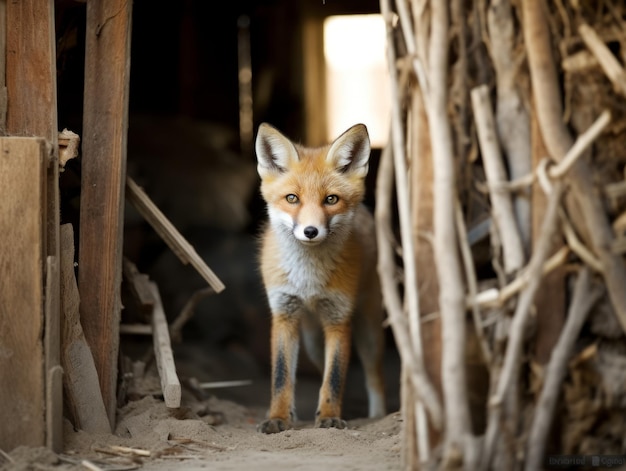 Un renard se faufile dans une grange abandonnée.