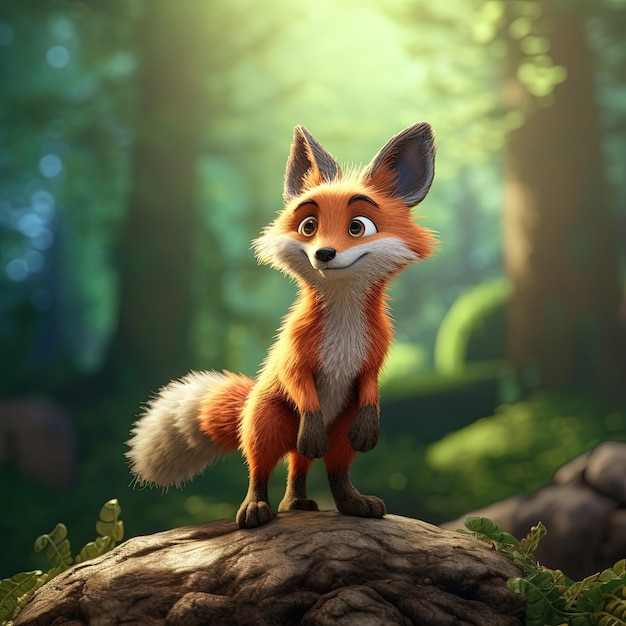 Le renard se tient au milieu du feuillage de la forêt et montre son pelage rouge poilu. Aucune personne n'est présente.