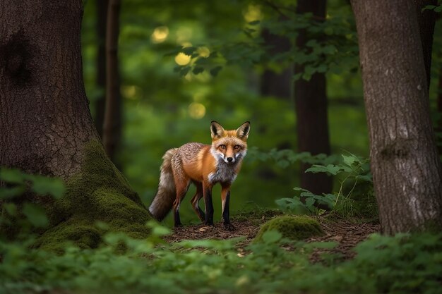 un renard se tient dans les bois avec une souche d'arbre en arrière-plan