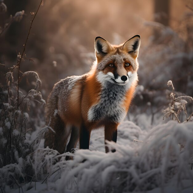 Un renard se tient dans la neige en hiver.