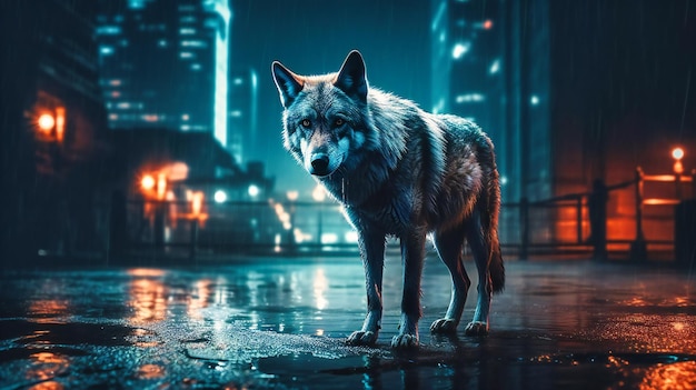 Un renard se tient dans une ville la nuit