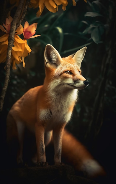 Un renard se tient devant une fleur.