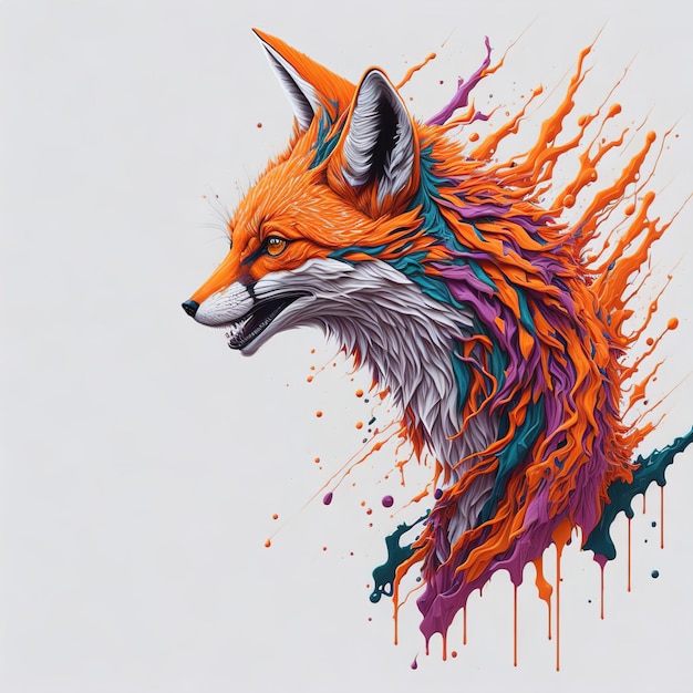 Un renard avec une tête violette et une queue orange est peint sur un fond blanc.