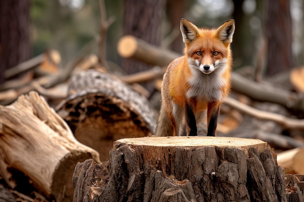 Le renard triste a récemment coupé des souches d'arbres qui étaient autrefois sa maison forestière.