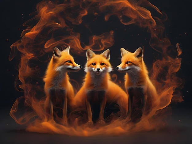 Photo des renards orange drôles se dressant l'un contre l'autre sur un cercle de fumée coloré sur fond noir