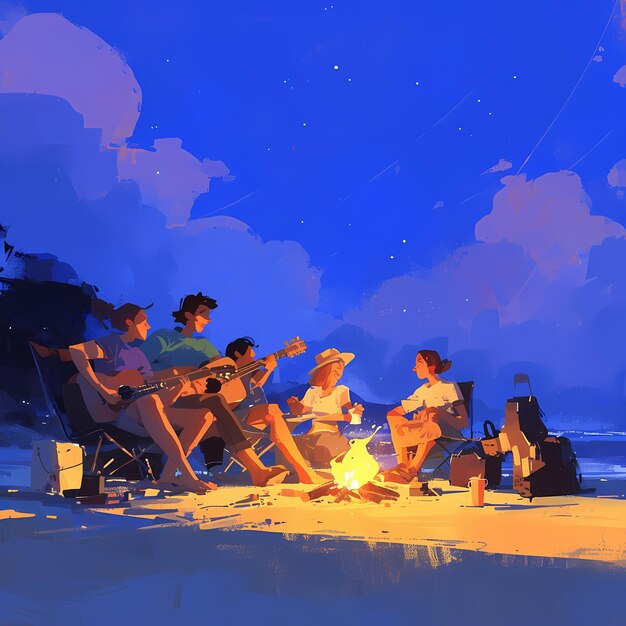 Rencontre d'amis au feu de joie sur la plage
