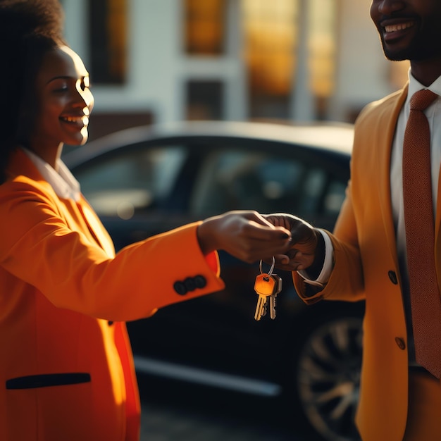La rencontre captivante Un valet de parking latin orné d'un gilet orange reçoit les clés d'une voiture