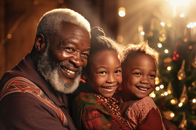 Rencontre du grand-père et des petits-enfants Un vieil homme à la peau noire et ses petits-enfants sont heureux ensemble Ils s'embrassent et se réjouissent de se rencontrer Prendre soin des personnes âgées