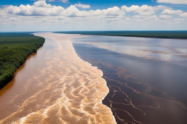 Photo la rencontre des eaux au confluent de l'eau brune de l'amazone et de l' eau noire du rio negro manaus brésil