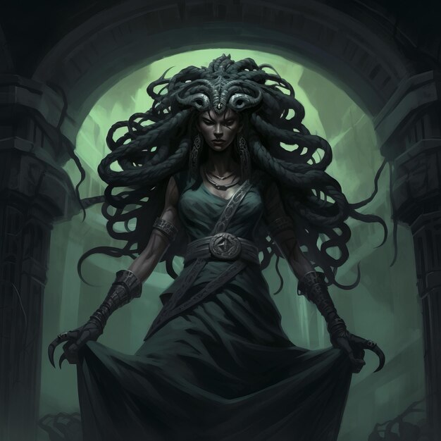 La rencontre enchantante La caprice complexe de la méchante et attrayante déesse Méduse dans le donjon sombre