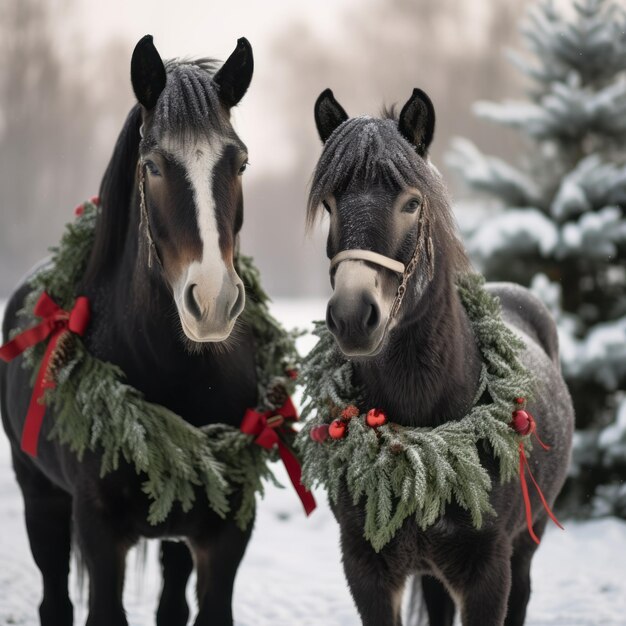 Photo une rencontre enchantante un majestueux cheval noir et un mini-âne embrassent l'esprit des fêtes au milieu de la neige