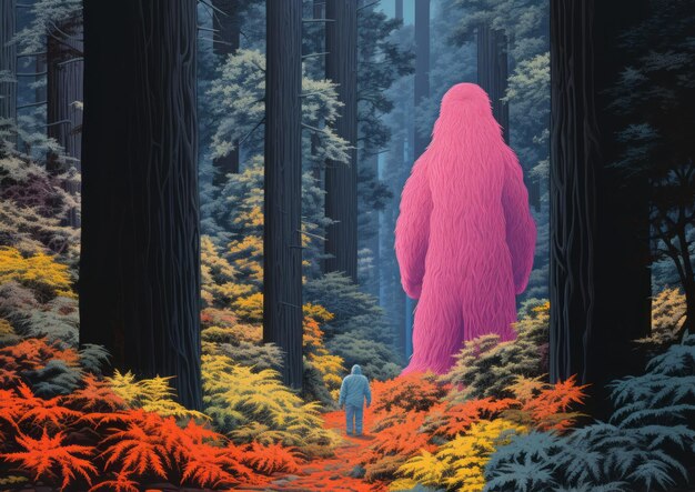 Photo une rencontre enchantante yeti vibrant dans la forêt d'été des séquoia embrassant la flore et la faune exotiques