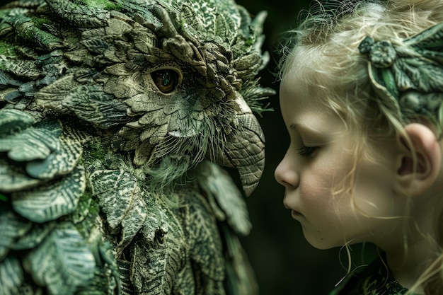 La rencontre enchantée entre une jeune fille et une créature mystique de hibou dans une forêt magique