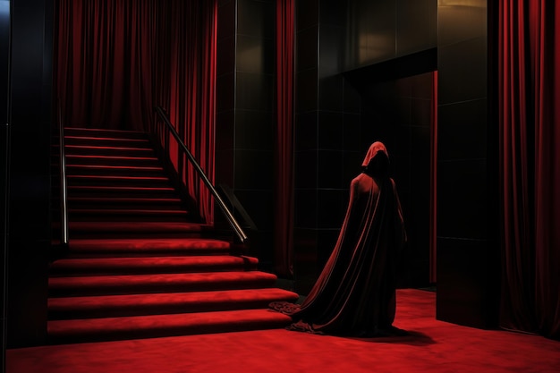 Rencontre énigmatique révélant la figure sombre dans le bâtiment avec un tapis rouge