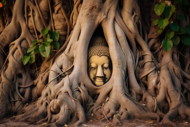 Photo la rencontre énigmatique la tête sereine du bouddha embrassée par les racines de la nature au wat maha that ayutthaya h