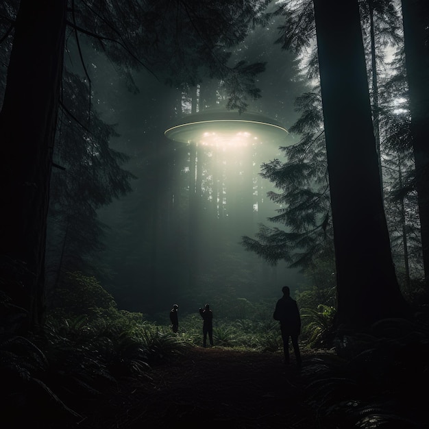 Rencontre extraterrestre dans une forêt sombre