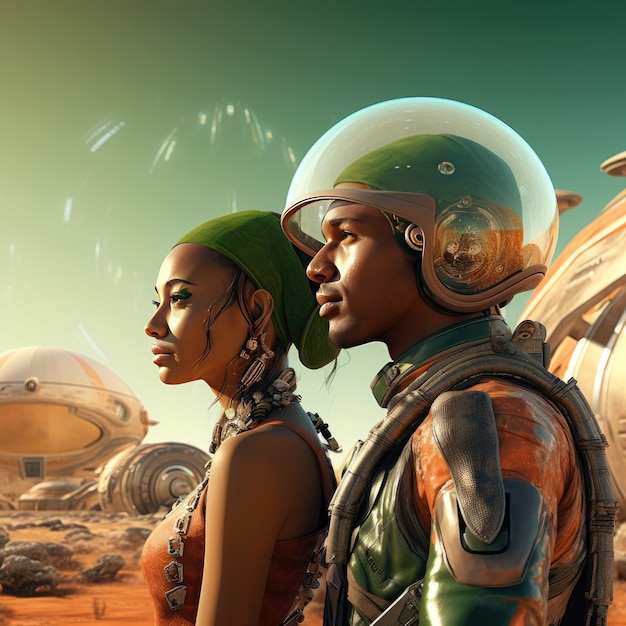 Rencontre extraterrestre Image photoréaliste en 4k d'un homme et d'une femme sur Mars avec une bulle verte sportive
