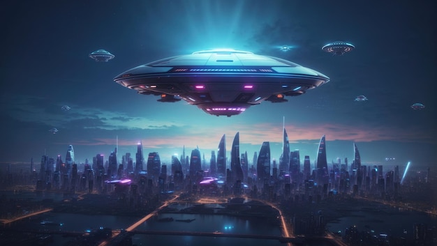 Rencontre extraterrestre Un vaisseau spatial extraterrestre survole le paysage urbain futuriste