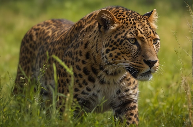 Une rencontre gracieuse avec un léopard brun au milieu de prairies vertes vibrantes ar 32