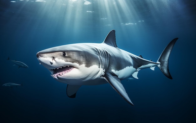 Une rencontre majestueuse avec le grand requin blanc isolé sur un fond blanc