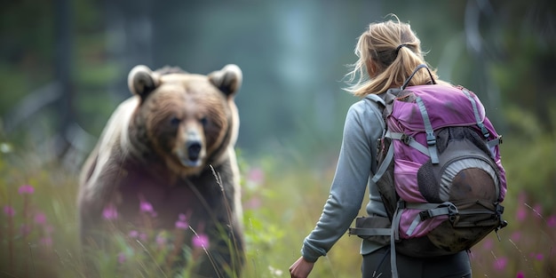 Photo la rencontre d'ours en fuite souligne les risques de rencontres avec la faune pour les randonneurs concept rencontres de la faune en randonnée sécurité conscience de l'ours aventure en plein air risques sauvages