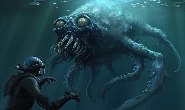 Photo rencontre d'un plongeur avec un monstre marin terrifiant création à l'aide d'outils d'ia générative