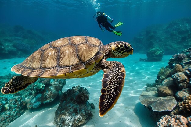 Une rencontre sous-marine entre une tortue et un plongeur dans l'océan