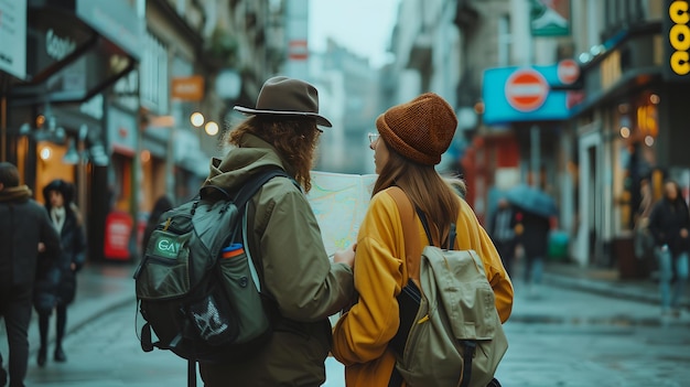 Photo une rencontre urbaine occasionnelle deux amis dans une rue de la ville conversation détendue floue paysage urbain arrière-plan style de vie contemporain moment capturé ai