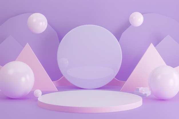 D rend d'un podium circulaire minimaliste entouré de formes géométriques flottantes violet doux