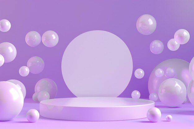 D rend d'un podium circulaire minimaliste entouré de formes géométriques flottantes violet doux