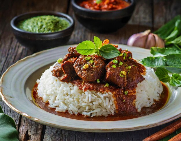 Rendang de bœuf avec du riz blanc