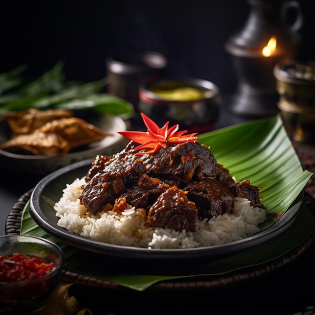 Le rendang de bœuf est servi avec du riz sur une assiette recouverte de feuilles de banane