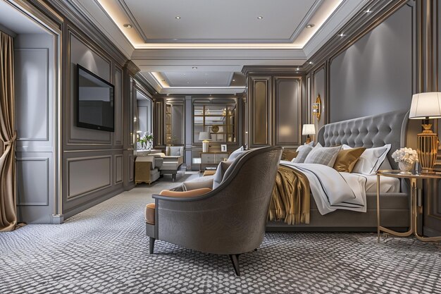 Photo d rendant une belle suite de chambre de luxe contemporaine dans un hôtel avec télévision