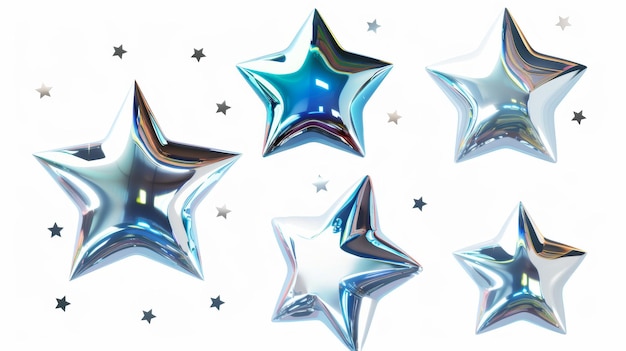 Photo render 3d cyber chrome galaxie emoji avec des étoiles filantes et volantes blings et étincelles illustration y2k moderne 3d